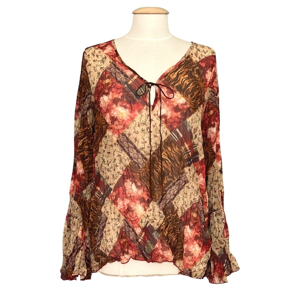 VTG Boho Western Floral Patchwork Womens Top Large Red Orange Abstract Crinkle